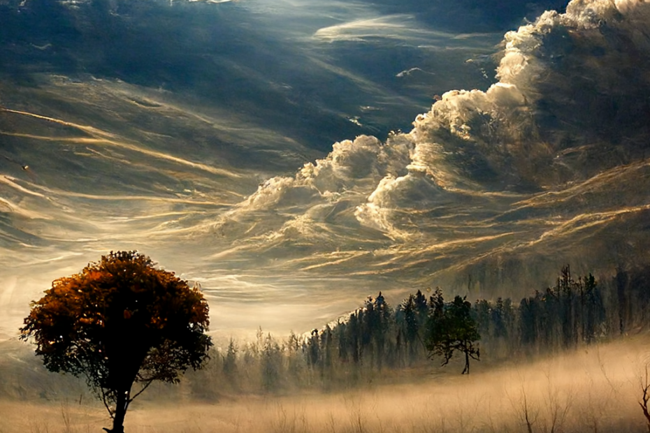 surreal image - a tree in a field with a sky that looks like ocean waves